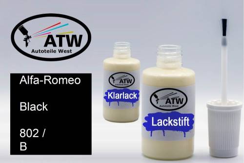 Alfa-Romeo, Black, 802 / B: 20ml Lackstift + 20ml Klarlack - Set, von ATW Autoteile West.